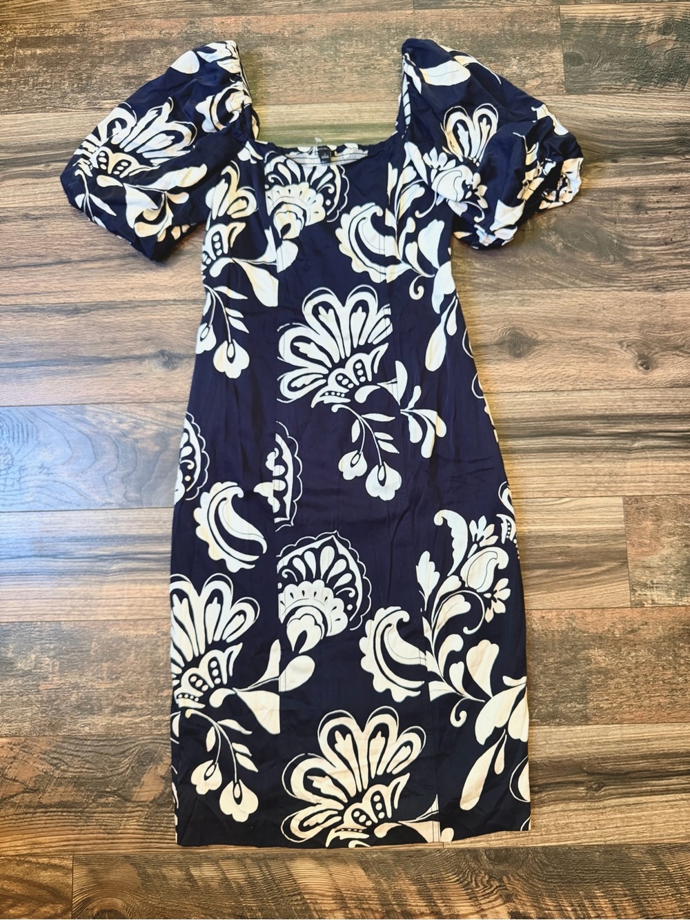 Ann Taylor Floral Puff Sleeve Midi Sheath Dress Navy White Size 6
